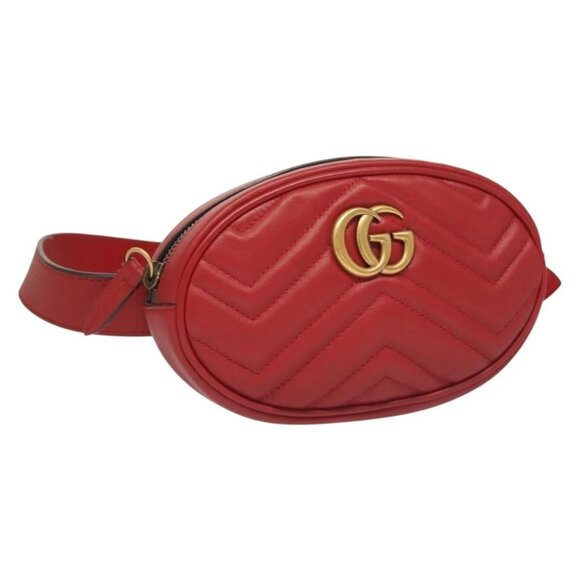 GUCCI GG Marmont Waist Bag Leather Red Gold - Picture 1 of 16